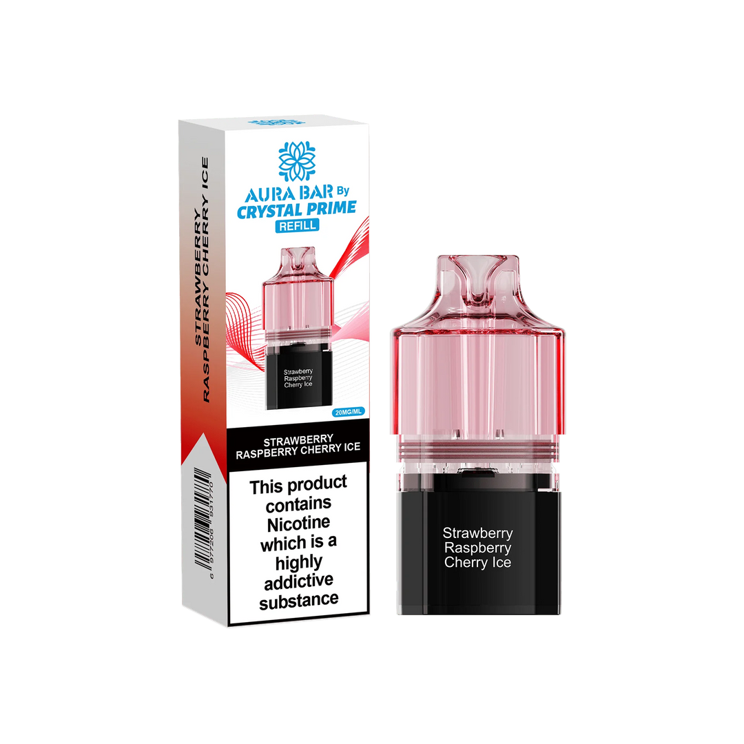 Strawberry Raspberry Cherry Ice Aura Bar Crystal Prime 10K Replacement Pods – long-lasting prefilled vape pods with rich flavours and smooth performance