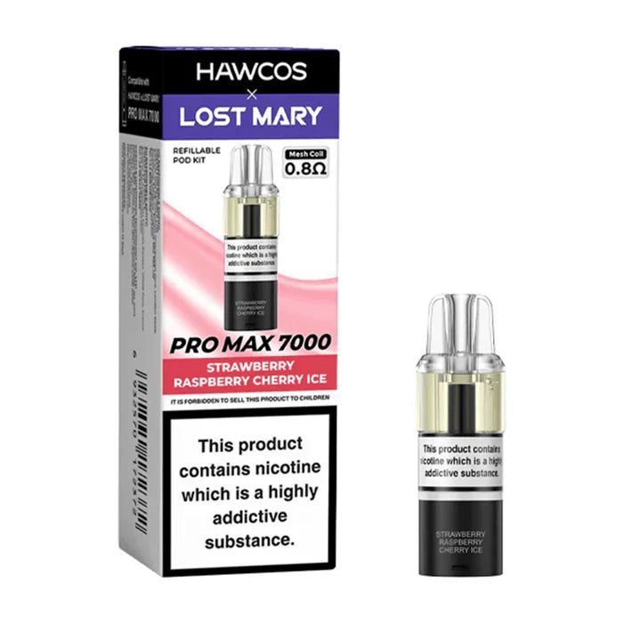 HAWCOS x Lost Mary Pro Max 7000 Strawberry Raspberry Cherry Ice prefilled pod kit with high-capacity rechargeable device