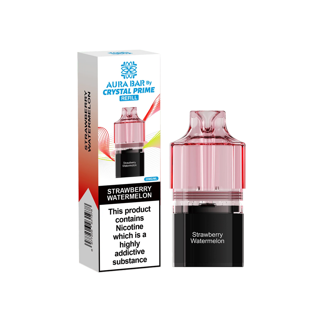 Strawberry Watermelon Aura Bar Crystal Prime 10K Replacement Pods – long-lasting prefilled vape pods with rich flavours and smooth performance