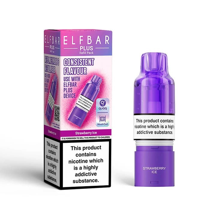 Elf Bar Plus 12 Prefilled Pod & Refill in strawberry ice – rechargeable vape with a 2ml prefilled pod, 8ml refill container, and 0.8Ω QUAQ mesh coil.