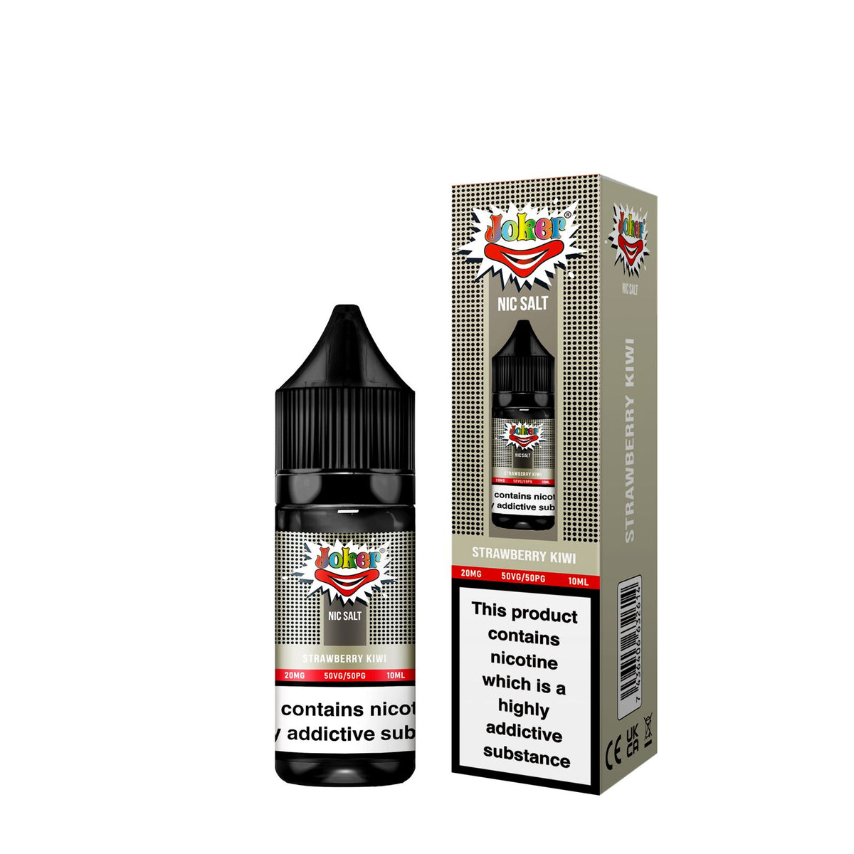 10ml bottle of Joker Nic Salts E-Liquid in Strawberry Kiwi flavor, smooth nicotine salt formula designed for a satisfying throat hit, ideal for use with refillable pod vape kits.