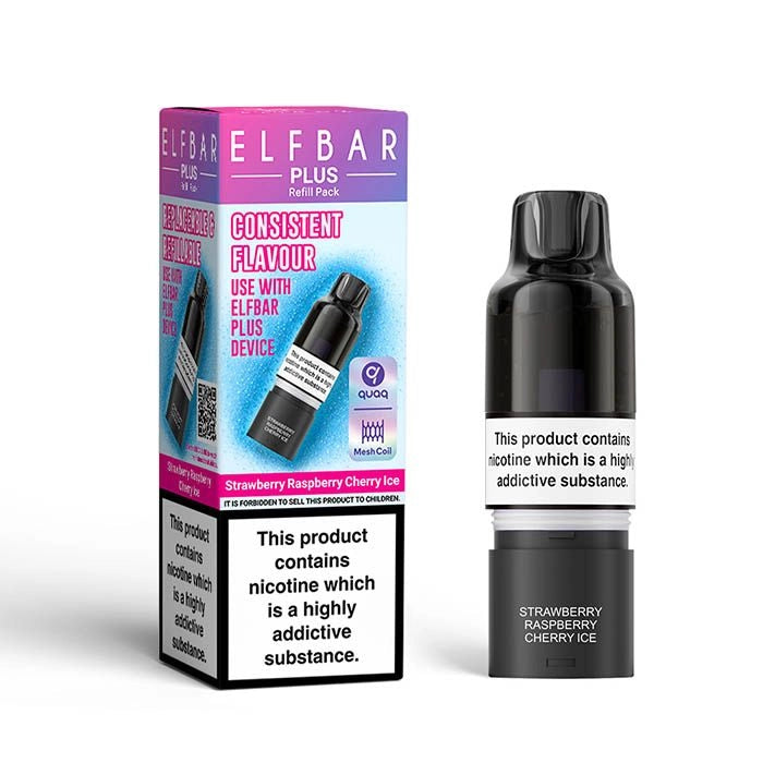 Elf Bar Plus 12 Prefilled Pod & Refill in strawberry_raspberry_cherry_ice – rechargeable vape with a 2ml prefilled pod, 8ml refill container, and 0.8Ω QUAQ mesh coil.