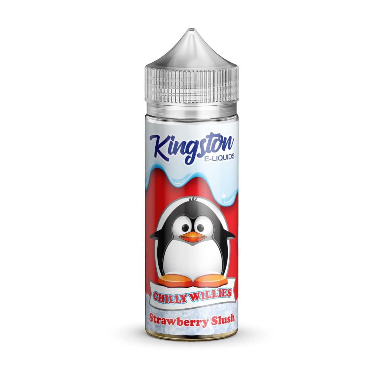 A bottle of Chilly Willes Strawberry Slush Kingston e-liquid by Kingston E-Liquid, featuring a cartoon penguin on the label.