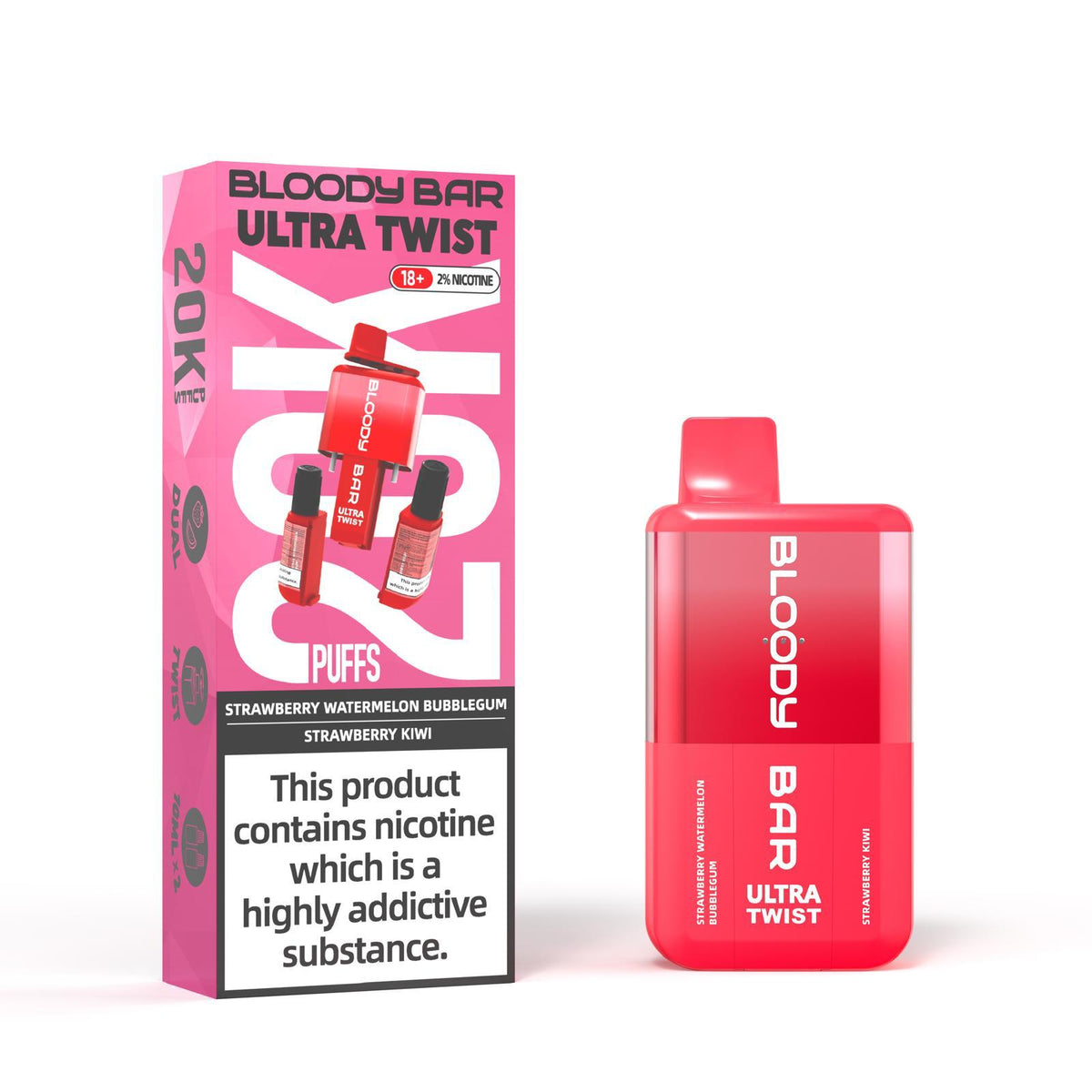 Bloody Bar Ultra Twist Disposable Vape – 20,000 puffs, available in Strawberry Watermelon Bubblegum or Strawberry Kiwi flavors.