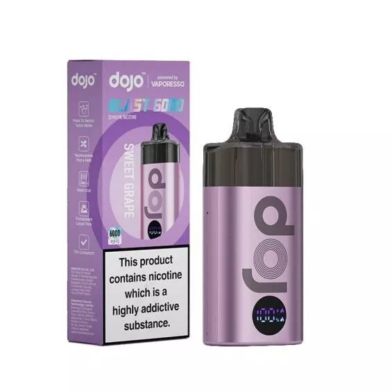 Vaporesso Dojo Blast 6000 puffs vape kit in Sweet Grape, featuring a sleek rechargeable design with 6k BIG Puff capacity, mesh coil technology for enhanced flavor, long-lasting battery, and user-friendly draw activation.