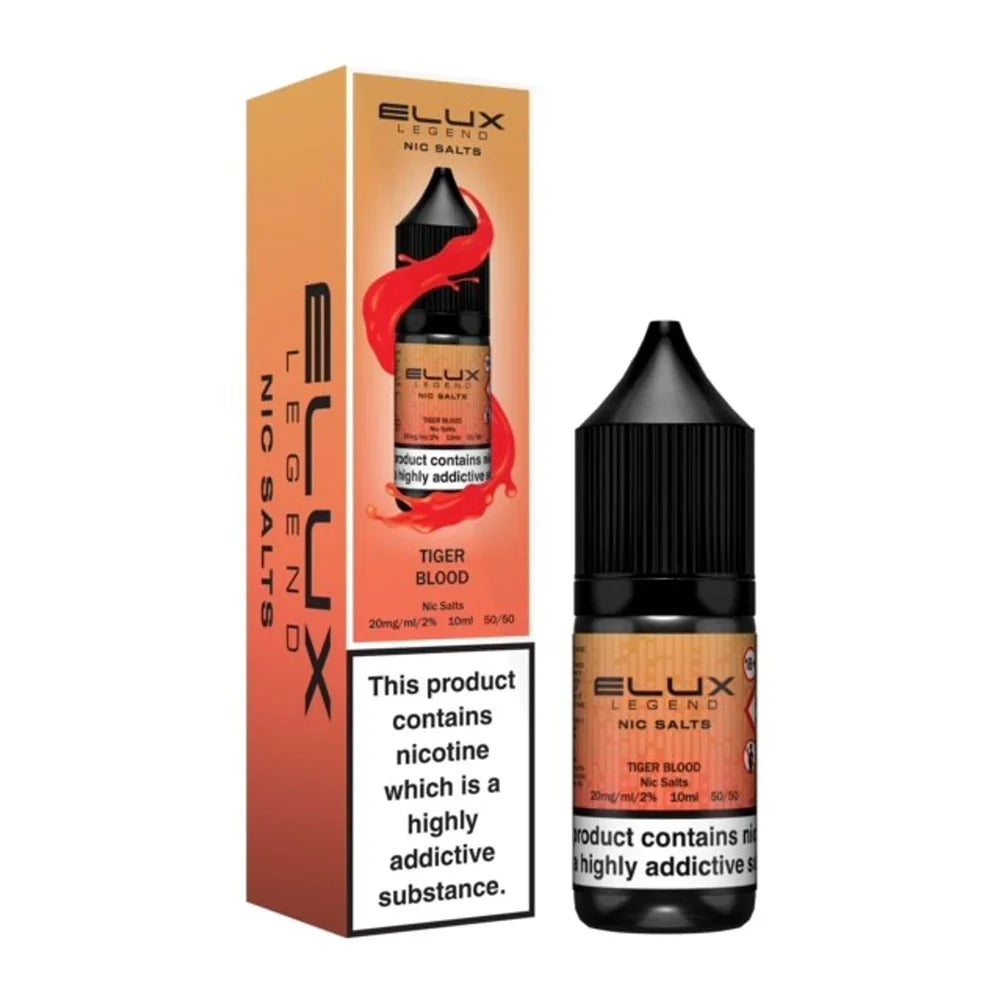 Pack of ten 10ml bottles of Elux Legend Nic Salt E-Liquid in Tiger Blood flavor, 50/50 VG/PG blend for balanced flavor and vapor, available in 10mg and 20mg nicotine strengths, perfect for pod systems.