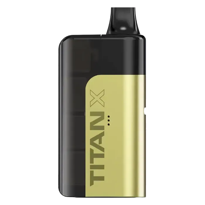 Titan X Prefilled Pod Kit in Banana Ice flavor, a sleek and easy-to-use disposable vape delivering creamy banana sweetness with an icy menthol finish; prefilled with smooth nicotine salt e-liquid for a satisfying and convenient vaping experience.
