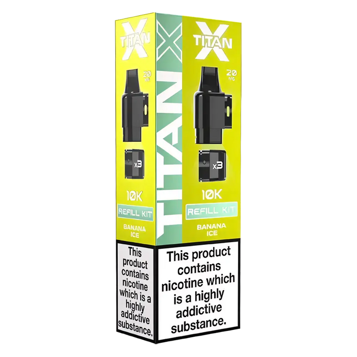 Titan‑X Prefilled Replaceable Pods – 20mg nicotine strength in refreshing Banana Ice flavor. Convenient refill containers designed for Titan‑X pod kits, delivering smooth throat hits, rich flavor, and long‑lasting satisfaction with every puff.