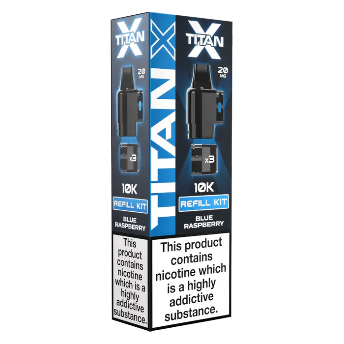 Titan‑X Prefilled Replaceable Pods – 20mg nicotine strength in refreshing Blue Raspberry flavor. Convenient refill containers designed for Titan‑X pod kits, delivering smooth throat hits, rich flavor, and long‑lasting satisfaction with every puff.