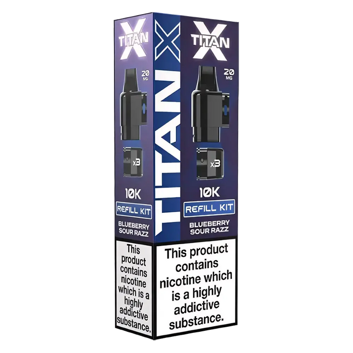 Titan‑X Prefilled Replaceable Pods – 20mg nicotine strength in refreshing Blueberry Sour Raspberry flavor. Convenient refill containers designed for Titan‑X pod kits, delivering smooth throat hits, rich flavor, and long‑lasting satisfaction with every puff.