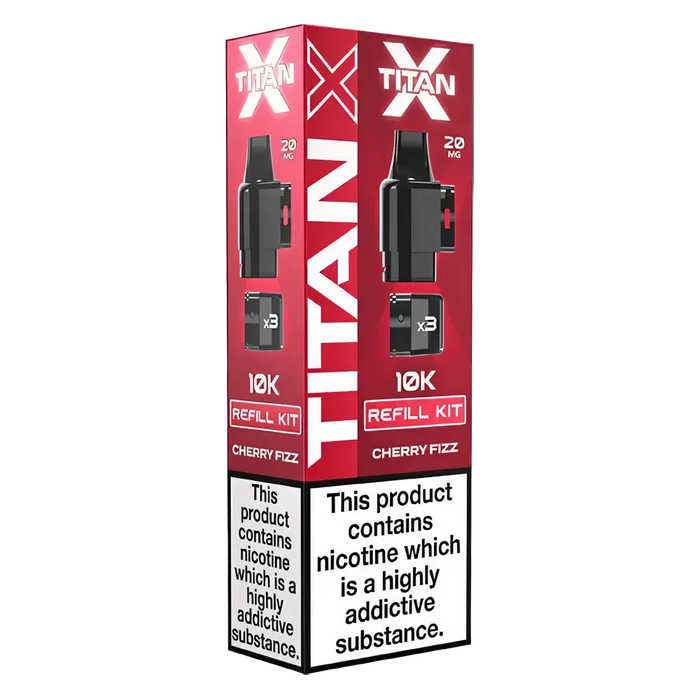 Titan‑X Prefilled Replaceable Pods – 20mg nicotine strength in refreshing Cherry Fizz flavor. Convenient refill containers designed for Titan‑X pod kits, delivering smooth throat hits, rich flavor, and long‑lasting satisfaction with every puff.