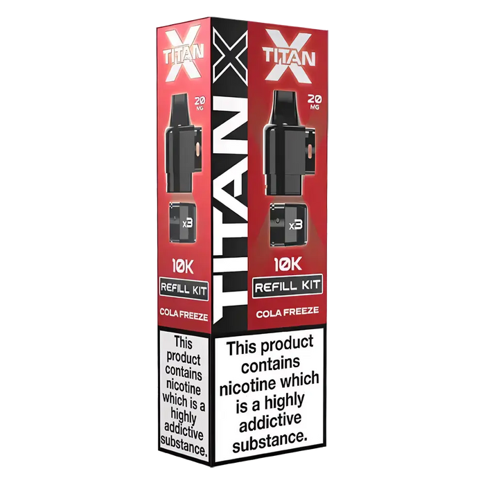 Titan‑X Prefilled Replaceable Pods – 20mg nicotine strength in refreshing Cola Freeze flavor. Convenient refill containers designed for Titan‑X pod kits, delivering smooth throat hits, rich flavor, and long‑lasting satisfaction with every puff.