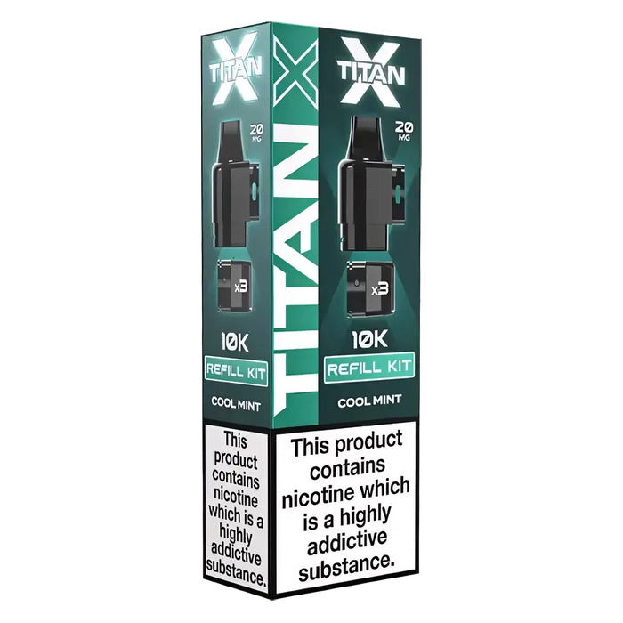 Titan‑X Prefilled Replaceable Pods – 20mg nicotine strength in refreshing Cool Mint flavor. Convenient refill containers designed for Titan‑X pod kits, delivering smooth throat hits, rich flavor, and long‑lasting satisfaction with every puff.