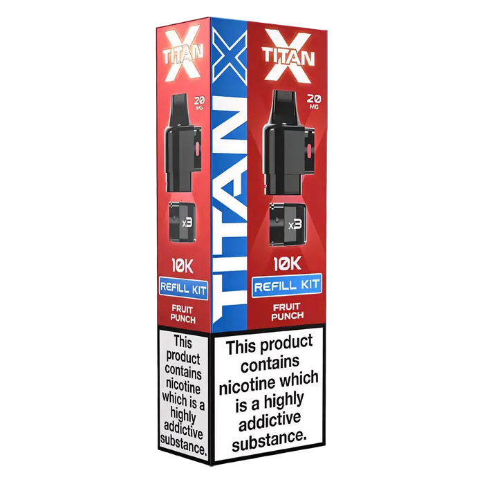 Titan‑X Prefilled Replaceable Pods – 20mg nicotine strength in refreshing Fruit Punch flavor. Convenient refill containers designed for Titan‑X pod kits, delivering smooth throat hits, rich flavor, and long‑lasting satisfaction with every puff.