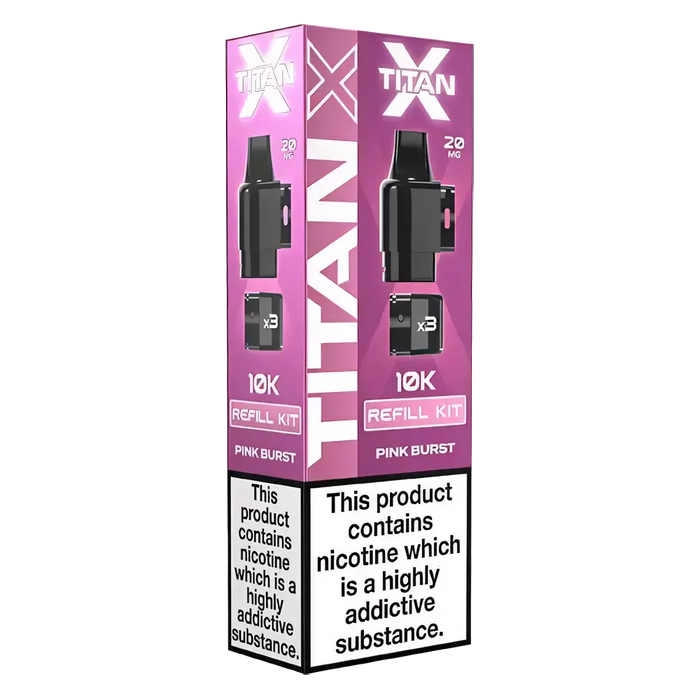 Titan‑X Prefilled Replaceable Pods – 20mg nicotine strength in refreshing Pink Burst flavor. Convenient refill containers designed for Titan‑X pod kits, delivering smooth throat hits, rich flavor, and long‑lasting satisfaction with every puff.