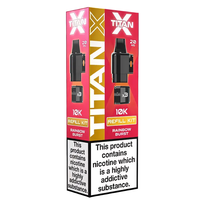 Titan‑X Prefilled Replaceable Pods – 20mg nicotine strength in refreshing Rainbow Burst flavor. Convenient refill containers designed for Titan‑X pod kits, delivering smooth throat hits, rich flavor, and long‑lasting satisfaction with every puff.