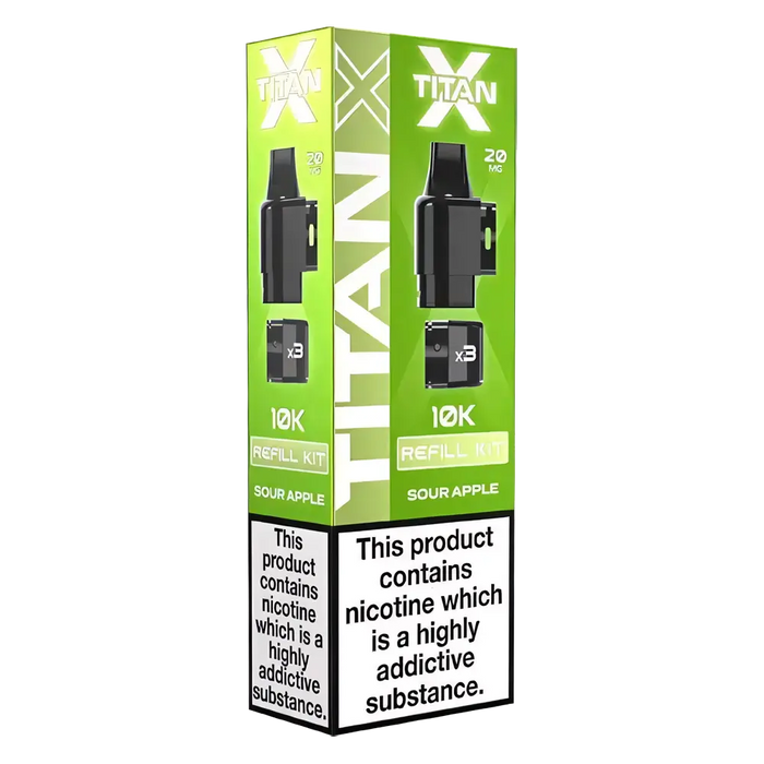 Titan‑X Prefilled Replaceable Pods – 20mg nicotine strength in refreshing Sour Apple flavor. Convenient refill containers designed for Titan‑X pod kits, delivering smooth throat hits, rich flavor, and long‑lasting satisfaction with every puff.