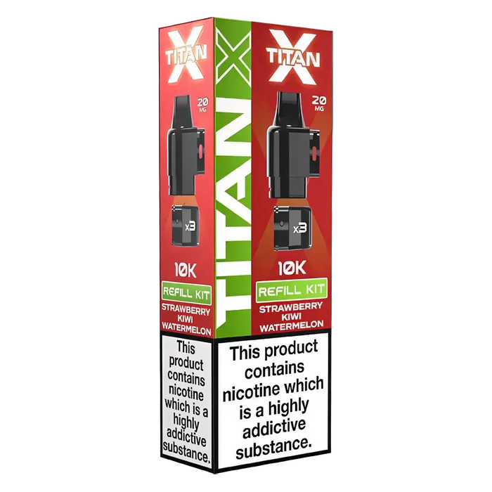 Titan‑X Prefilled Replaceable Pods – 20mg nicotine strength in refreshing Strawberry Kiwi Watermelon flavor. Convenient refill containers designed for Titan‑X pod kits, delivering smooth throat hits, rich flavor, and long‑lasting satisfaction with every puff.