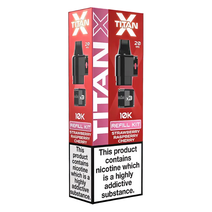 Titan‑X Prefilled Replaceable Pods – 20mg nicotine strength in refreshing Strawberry Raspberry Cherry flavor. Convenient refill containers designed for Titan‑X pod kits, delivering smooth throat hits, rich flavor, and long‑lasting satisfaction with every puff.