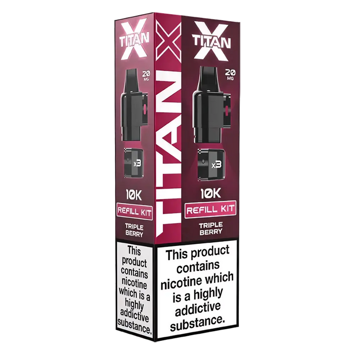 Titan‑X Prefilled Replaceable Pods – 20mg nicotine strength in refreshing Triple Berry flavor. Convenient refill containers designed for Titan‑X pod kits, delivering smooth throat hits, rich flavor, and long‑lasting satisfaction with every puff.