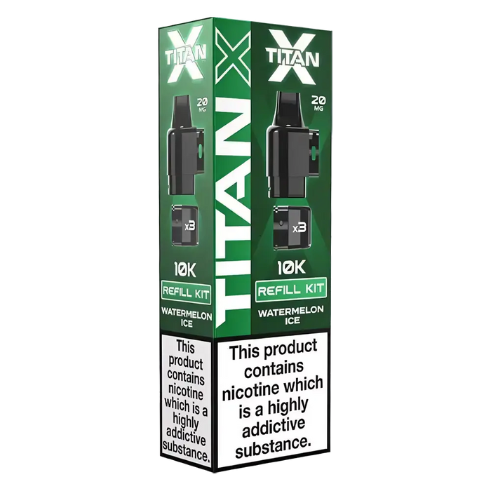 Titan‑X Prefilled Replaceable Pods – 20mg nicotine strength in refreshing Watermelon Ice flavor. Convenient refill containers designed for Titan‑X pod kits, delivering smooth throat hits, rich flavor, and long‑lasting satisfaction with every puff.
