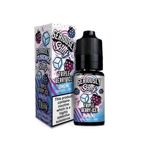 Packaging for Seriously Salty Fusionz Triple Berry Ice Nic Salt E-Liquid, featuring a 10ml bottle with childproof cap, alongside a box with branding and flavor information.