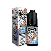 A 10ml bottle of Seriously Salty Fusionz Tropical Ice Nic Salt E-Liquid with a colorful label featuring strawberries, blueberries, and raspberries, and a black dropper cap.