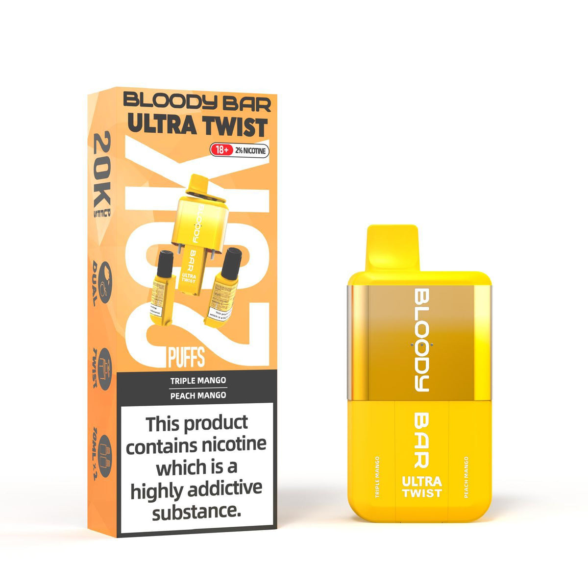 Bloody Bar Ultra Twist Disposable Vape – 20,000 puffs, available in Triple Mango or Peach Mango flavors.