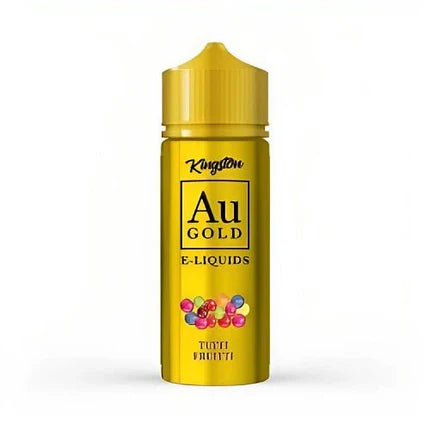 A bottle of Tutti Fruti Kingston AU Gold 100ml e-liquid with a yellow label, featuring an illustration of assorted fruits, indicating the flavor profile of the vape juice.