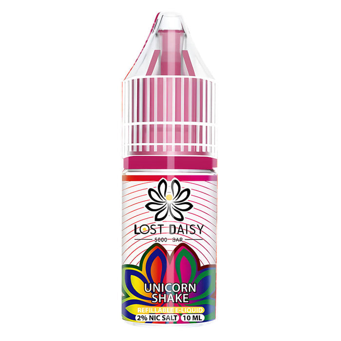 10ml bottle of Lost Daisy 5000 Bar Nic Salt E-Liquid in Unicorn Shake flavor, smooth nicotine salt formula designed for pod kits and mouth-to-lung vaping.