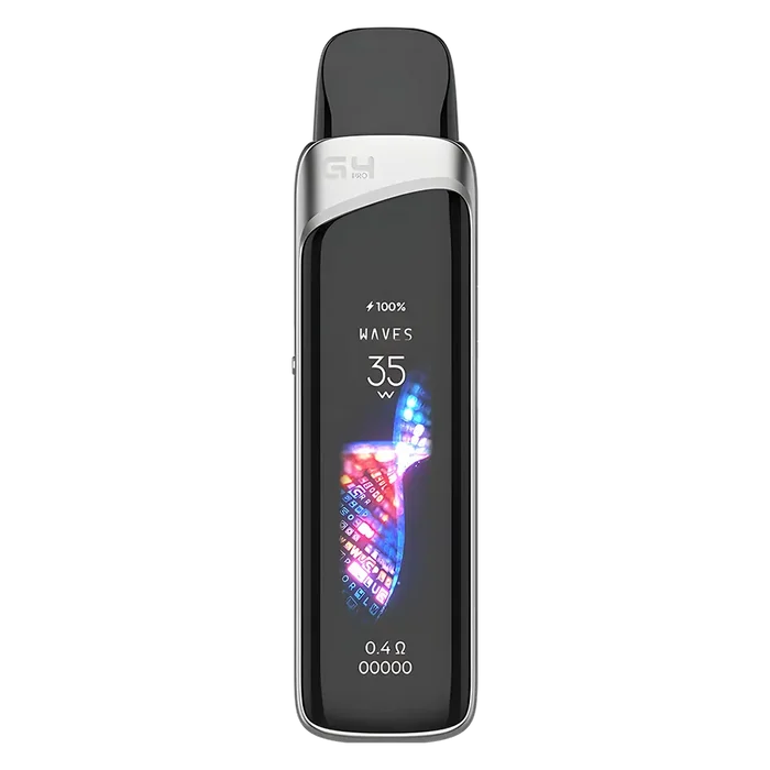 Uwell Caliburn G4 Pro Pod Kit in Pearl Silver – advanced pod system with 1000mAh built-in battery, 2ml refillable pods, OLED display, and airflow control for MTL and RDTL vaping.