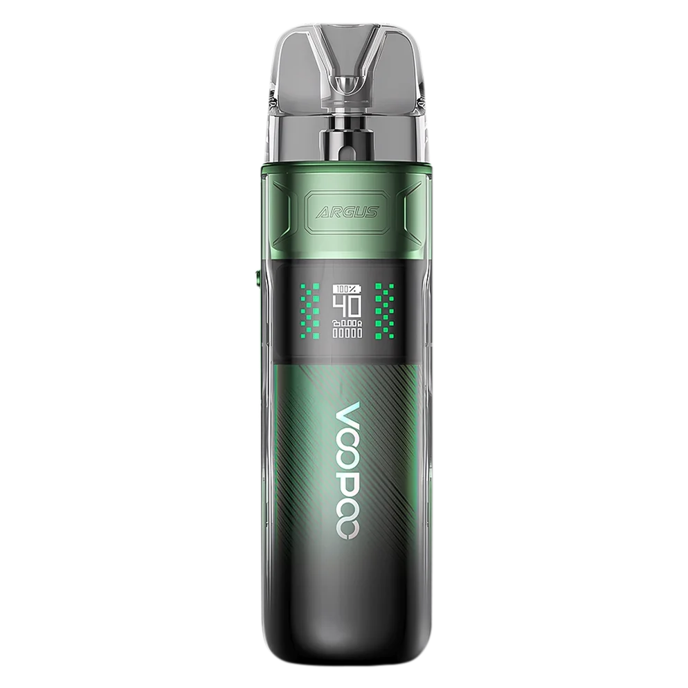 VooPoo Argus E40 Pod Kit in lake green featuring an 1800mAh battery, adjustable 5W to 40W output, 0.42-inch OLED screen and adjustable airflow.