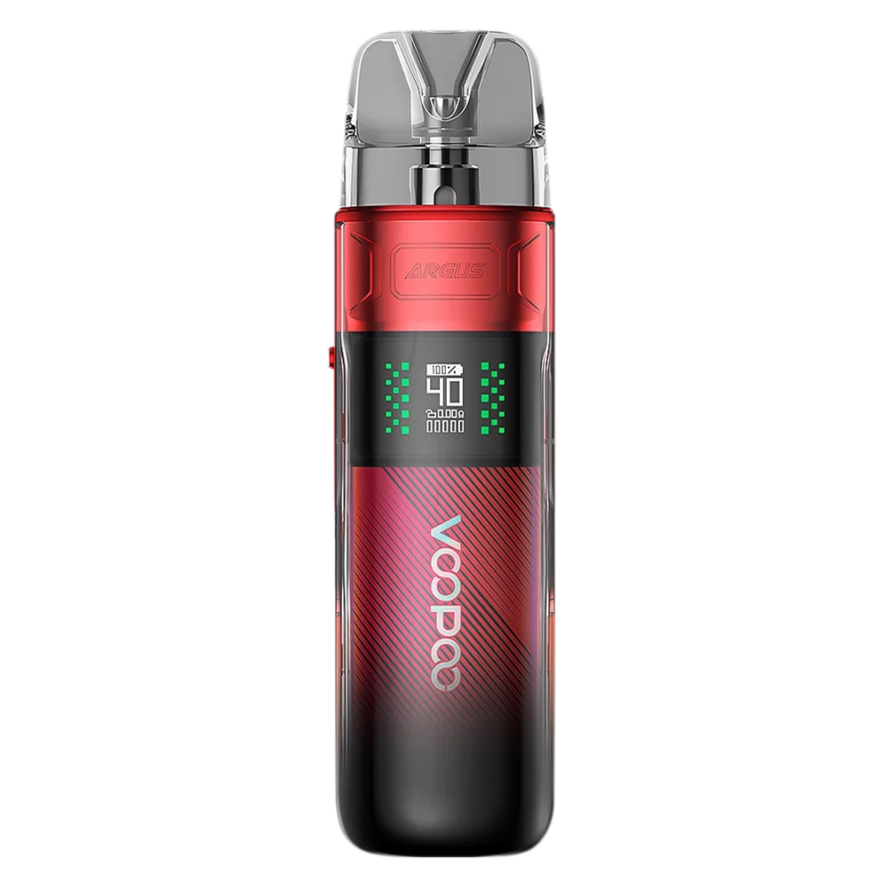 VooPoo Argus E40 Pod Kit in modern red featuring an 1800mAh battery, adjustable 5W to 40W output, 0.42-inch OLED screen and adjustable airflow.