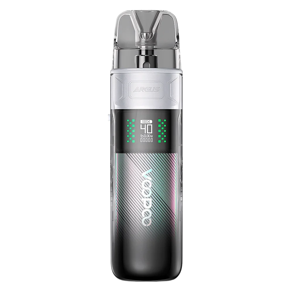 VooPoo Argus E40 Pod Kit in pearl white featuring an 1800mAh battery, adjustable 5W to 40W output, 0.42-inch OLED screen and adjustable airflow.