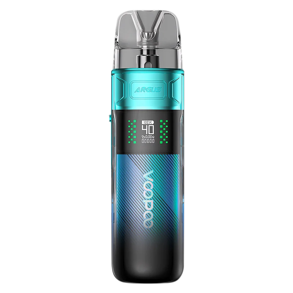 VooPoo Argus E40 Pod Kit in sky blue featuring an 1800mAh battery, adjustable 5W to 40W output, 0.42-inch OLED screen and adjustable airflow.
