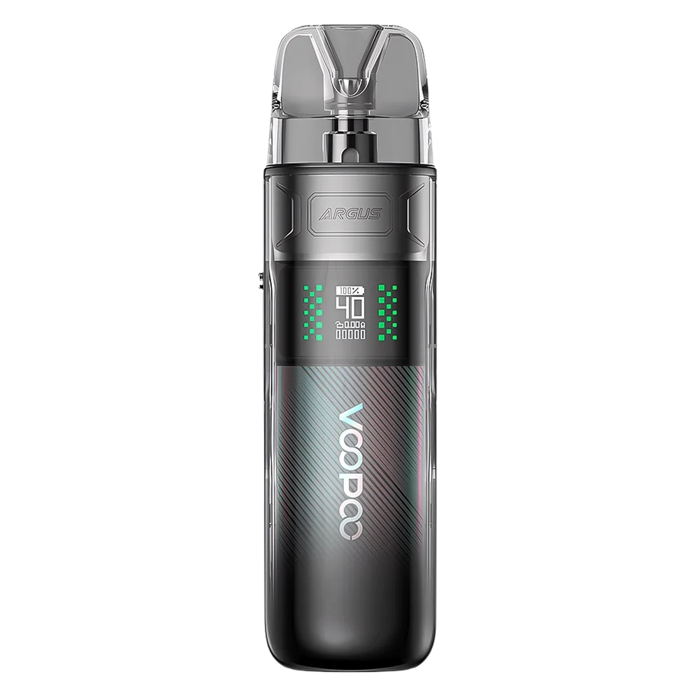 VooPoo Argus E40 Pod Kit in space gray featuring an 1800mAh battery, adjustable 5W to 40W output, 0.42-inch OLED screen and adjustable airflow.