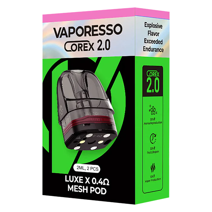 Vaporesso Luxe X Corex 2.0 Pods – 2ml leak-resistant, magnetic fit, COREX tech for better flavor & longer coil life.