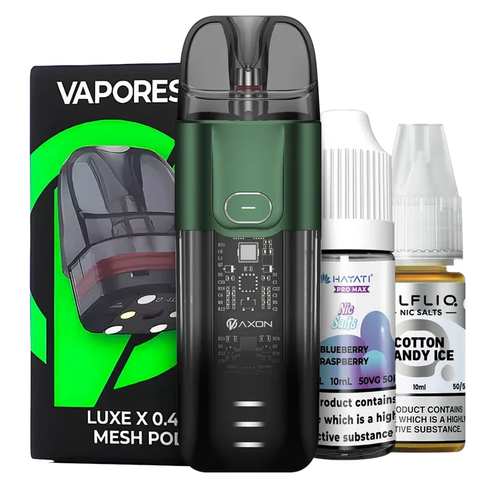 Vaporesso Luxe X Pod Vape Kit in Silver – stylish and futuristic pod system with Luxe X Replacement Pods & 2 Free Nic Salts of your choice.