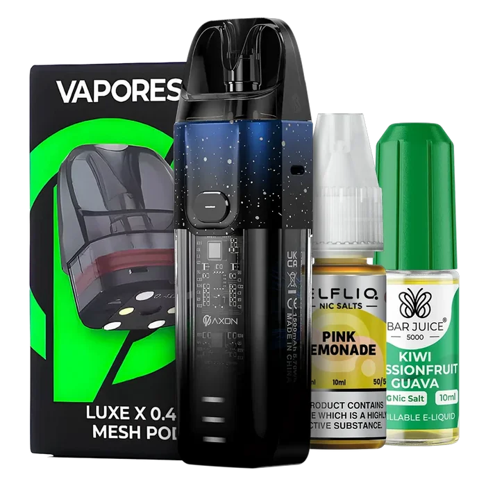 Vaporesso LUXE XR Pod Kit Bundle – futuristic and powerful pod system with a sleek silver finish, with Luxe X replacement pods and 2 nic salts of you choice.