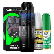 Vaporesso LUXE XR Pod Kit Bundle – futuristic and powerful pod system with a sleek silver finish, with Luxe X replacement pods and 2 nic salts of you choice.