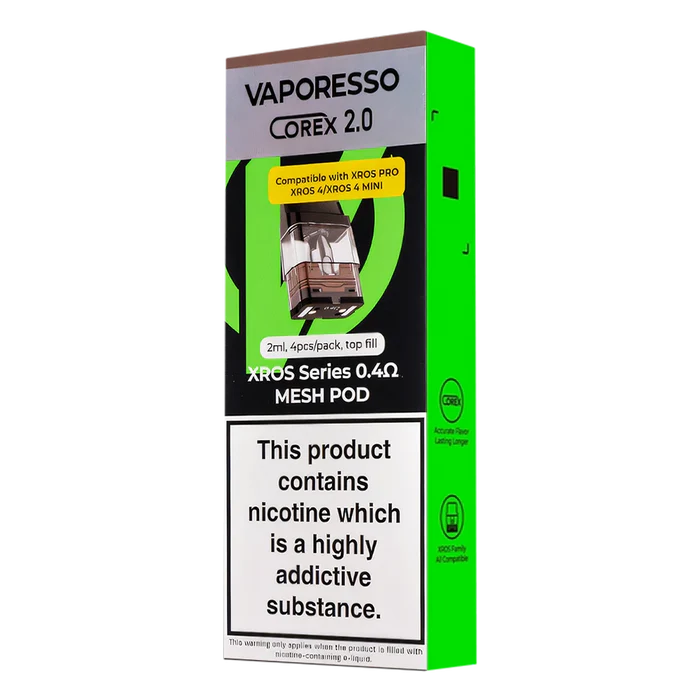 Vaporesso XROS Corex 2.0 Pods in 0.4Ω – 2ml refillable, leak-proof design with Corex heating tech, long-lasting coils for XROS kits.