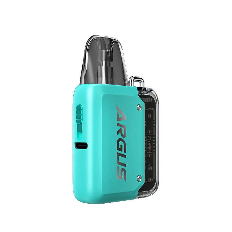 VooPoo Argus P1 Pod Kit Device in Aqua Blue – futuristic and compact vape device with a transparent chassis, fast charging, and smooth performance.