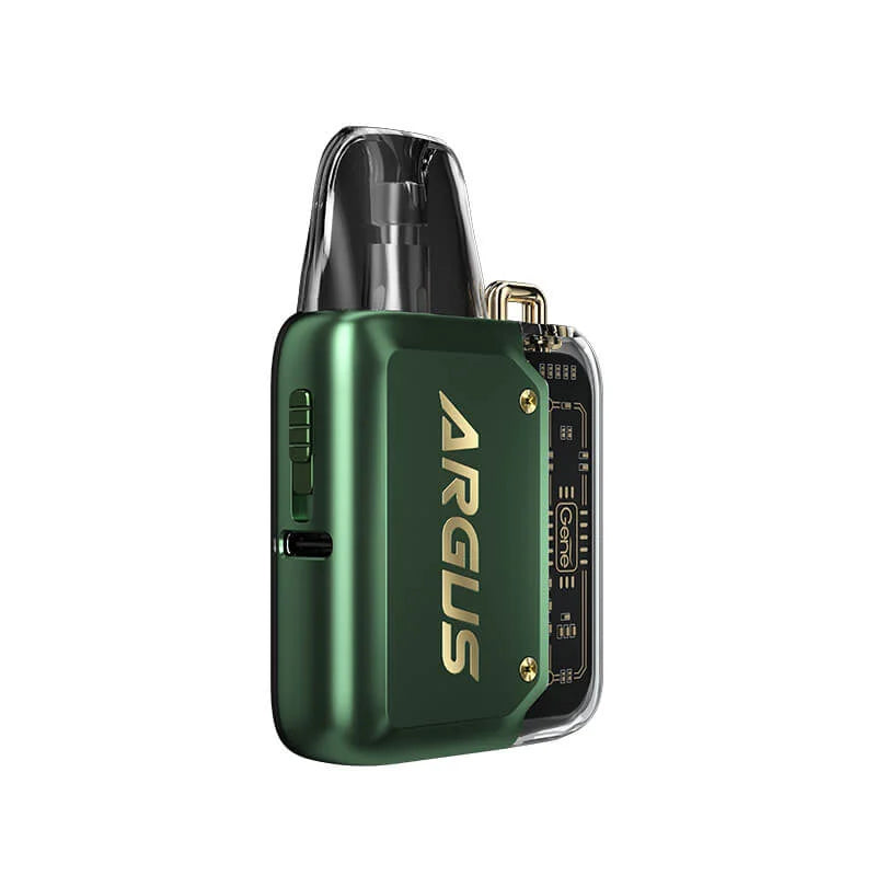 VooPoo Argus P1 Pod Kit Device in Green – futuristic and compact vape device with a transparent chassis, fast charging, and smooth performance.
