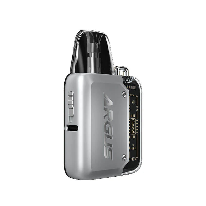 VooPoo Argus P1 Pod Kit Device in Silver – futuristic and compact vape device with a transparent chassis, fast charging, and smooth performance.