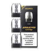 Pack of 3 Voopoo Argus replacement pods 1.2Ω, featuring 2ml e-liquid capacity with an easy side-fill system, designed for smooth mouth-to-lung (MTL) vaping and compatible with Voopoo Argus pod devices.