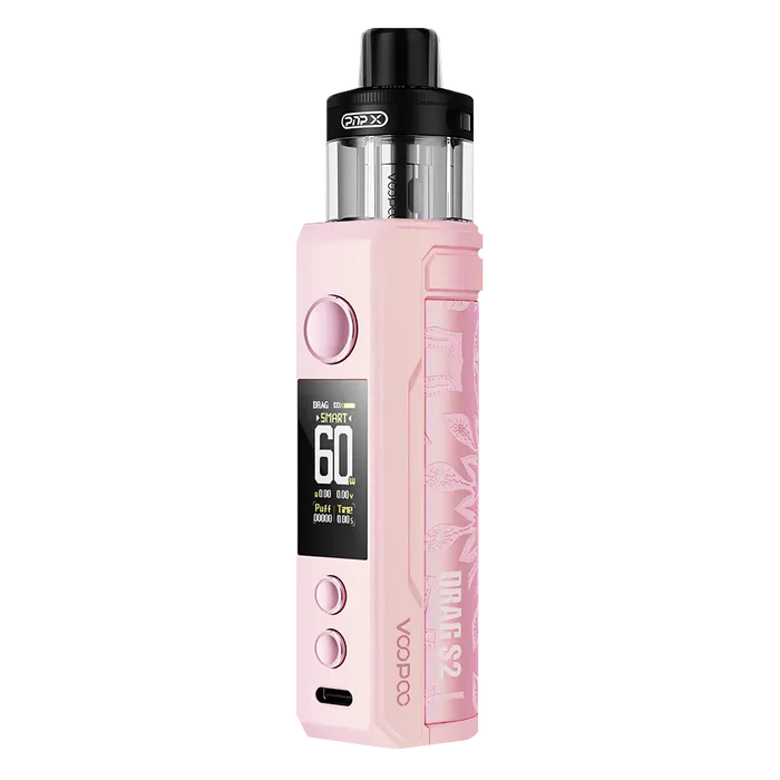 Voopoo Drag S2 60W Pod Kit in Glow Pink – powerful and vibrant vape device with up to 60W output, dynamic silver gradient finish, and advanced airflow and performance control.
