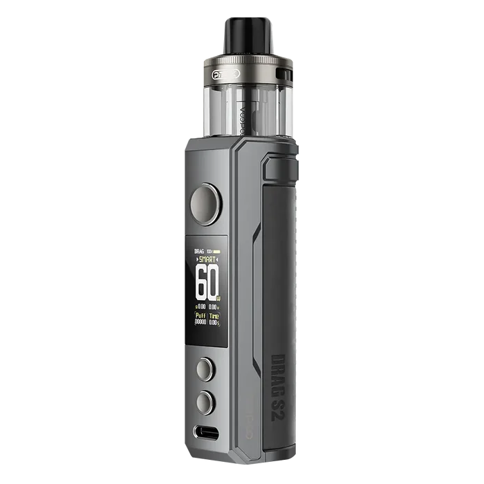 Voopoo Drag S2 60W Pod Kit in Gray Metal – powerful and vibrant vape device with up to 60W output, dynamic silver gradient finish, and advanced airflow and performance control.