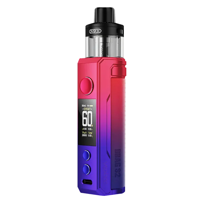Voopoo Drag S2 60W Pod Kit in Modern Red – powerful and vibrant vape device with up to 60W output, dynamic silver gradient finish, and advanced airflow and performance control.