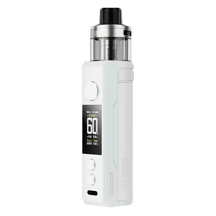 Voopoo Drag S2 60W Pod Kit in Pearl White – powerful and vibrant vape device with up to 60W output, dynamic silver gradient finish, and advanced airflow and performance control.