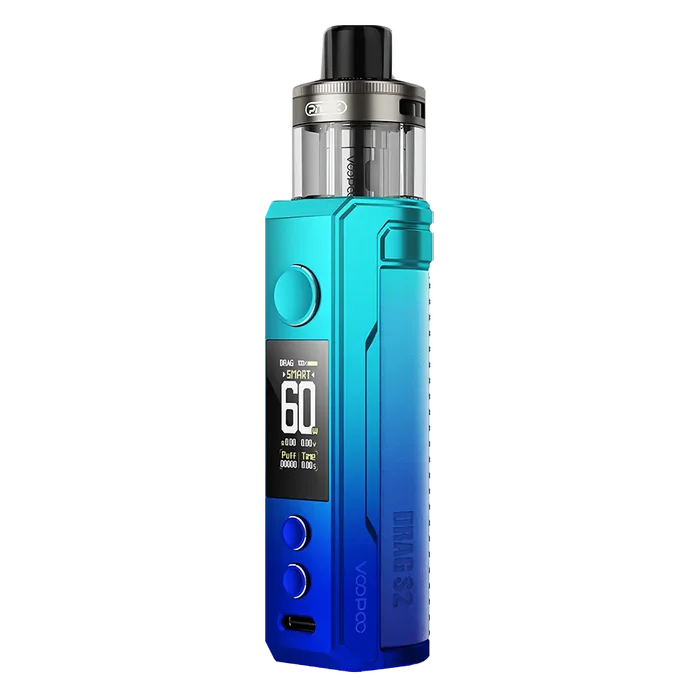 Voopoo Drag S2 60W Pod Kit in Sky Blue – powerful and vibrant vape device with up to 60W output, dynamic silver gradient finish, and advanced airflow and performance control.